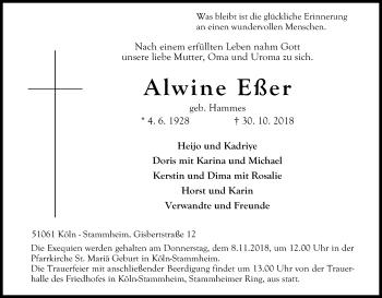 Anzeige von Alwine Eßer von Kölner Stadt-Anzeiger / Kölnische Rundschau / Express