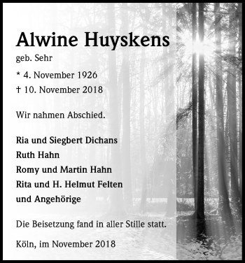 Anzeige von Alwine Huyskens von Kölner Stadt-Anzeiger / Kölnische Rundschau / Express