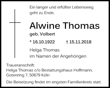 Anzeige von Alwine Thomas von Kölner Stadt-Anzeiger / Kölnische Rundschau / Express