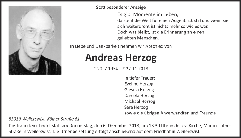  Traueranzeige für Andreas Herzog vom 01.12.2018 aus  Blickpunkt Euskirchen 