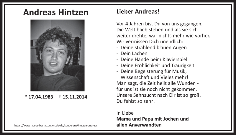  Traueranzeige für Andreas Hintzen vom 17.11.2018 aus  Sonntags-Post 