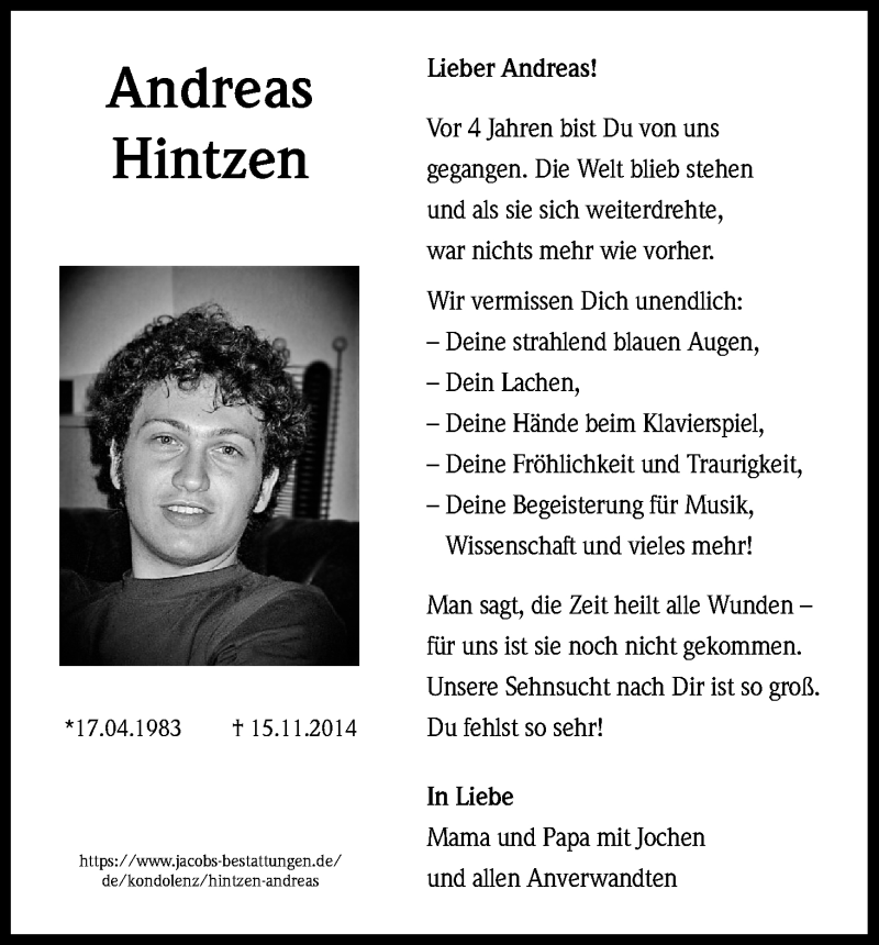  Traueranzeige für Andreas Hintzen vom 16.11.2018 aus Kölner Stadt-Anzeiger / Kölnische Rundschau / Express
