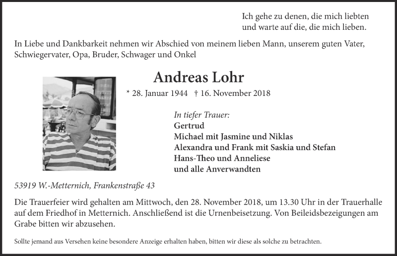  Traueranzeige für Andreas Lohr vom 24.11.2018 aus  Blickpunkt Euskirchen 