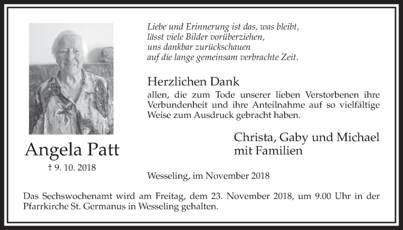  Traueranzeige für Angela Patt vom 14.11.2018 aus  Schlossbote/Werbekurier 