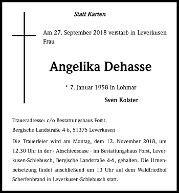 Anzeige von Angelika Dehasse von Kölner Stadt-Anzeiger / Kölnische Rundschau / Express