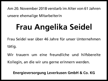 Anzeige von Angelika Seidel von Kölner Stadt-Anzeiger / Kölnische Rundschau / Express