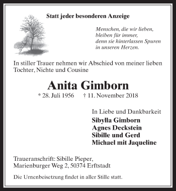 Anzeige von Anita Gimborn von  Wochenende 