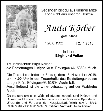 Anzeige von Anita Körber von Kölner Stadt-Anzeiger / Kölnische Rundschau / Express