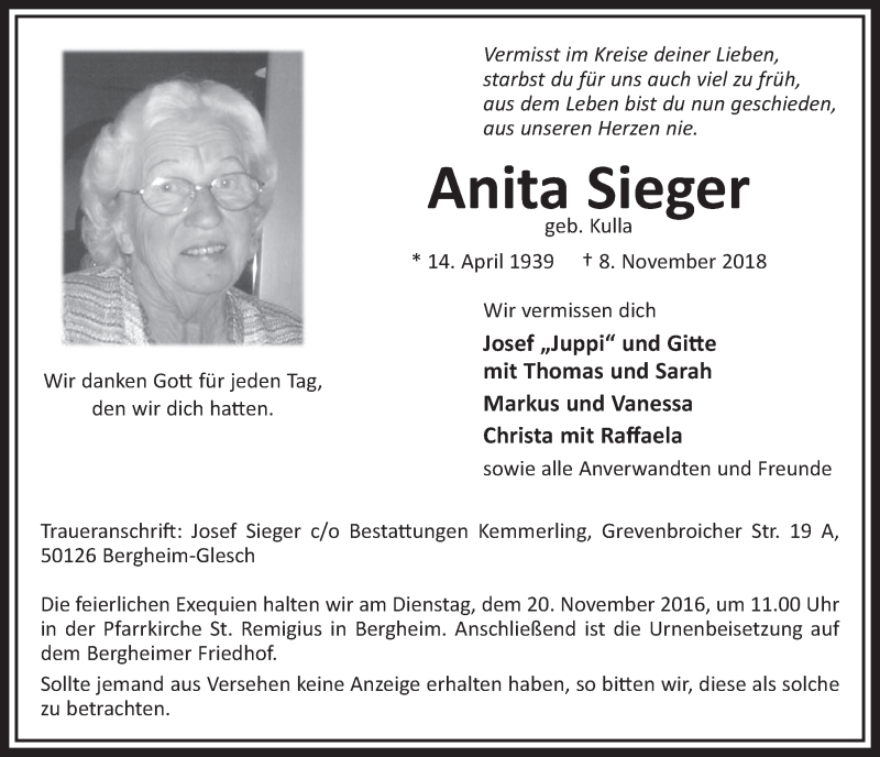  Traueranzeige für Anita Sieger vom 17.11.2018 aus  Sonntags-Post 