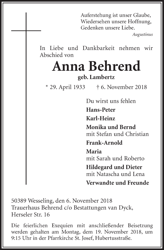  Traueranzeige für Anna Behrend vom 14.11.2018 aus  Schlossbote/Werbekurier 