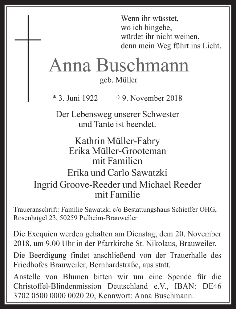  Traueranzeige für Anna Buschmann vom 14.11.2018 aus  Wochenende 