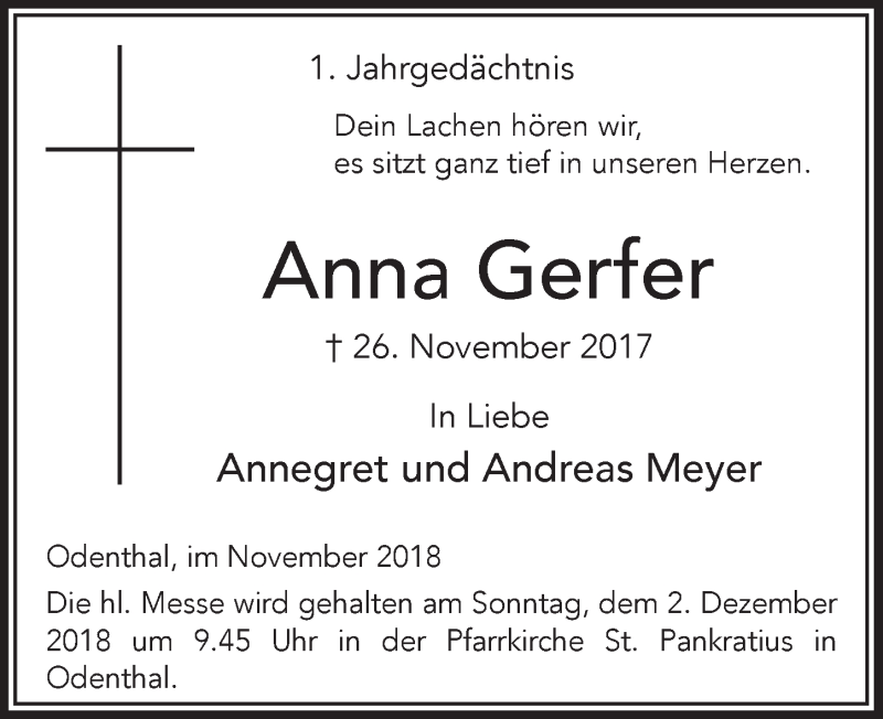  Traueranzeige für Anna Gerfer vom 28.11.2018 aus  Bergisches Handelsblatt 
