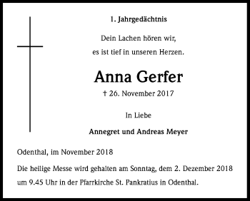 Anzeige von Anna Gerfer von Kölner Stadt-Anzeiger / Kölnische Rundschau / Express
