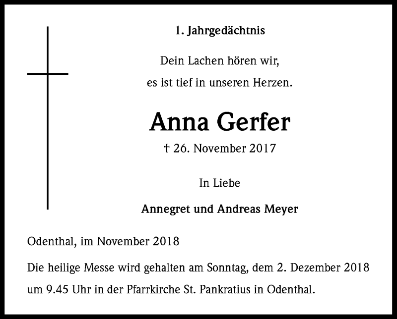  Traueranzeige für Anna Gerfer vom 01.12.2018 aus Kölner Stadt-Anzeiger / Kölnische Rundschau / Express