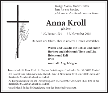 Anzeige von Anna Kroll von  Sonntags-Post 