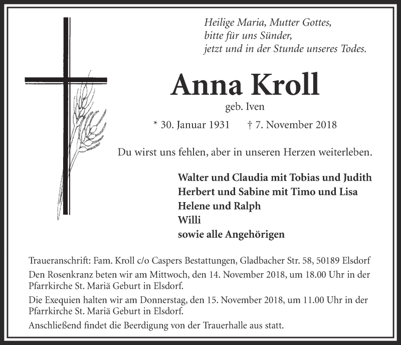  Traueranzeige für Anna Kroll vom 14.11.2018 aus  Werbepost 