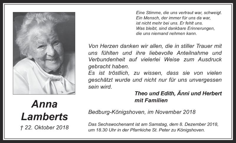  Traueranzeige für Anna Lamberts vom 28.11.2018 aus  Werbepost 