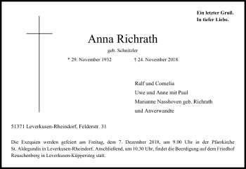 Anzeige von Anna Richrath von Kölner Stadt-Anzeiger / Kölnische Rundschau / Express