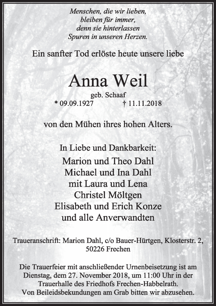  Traueranzeige für Anna Weil vom 24.11.2018 aus  Sonntags-Post 