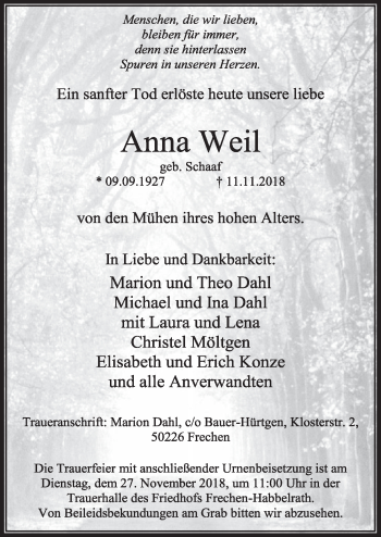 Anzeige von Anna Weil von  Sonntags-Post 