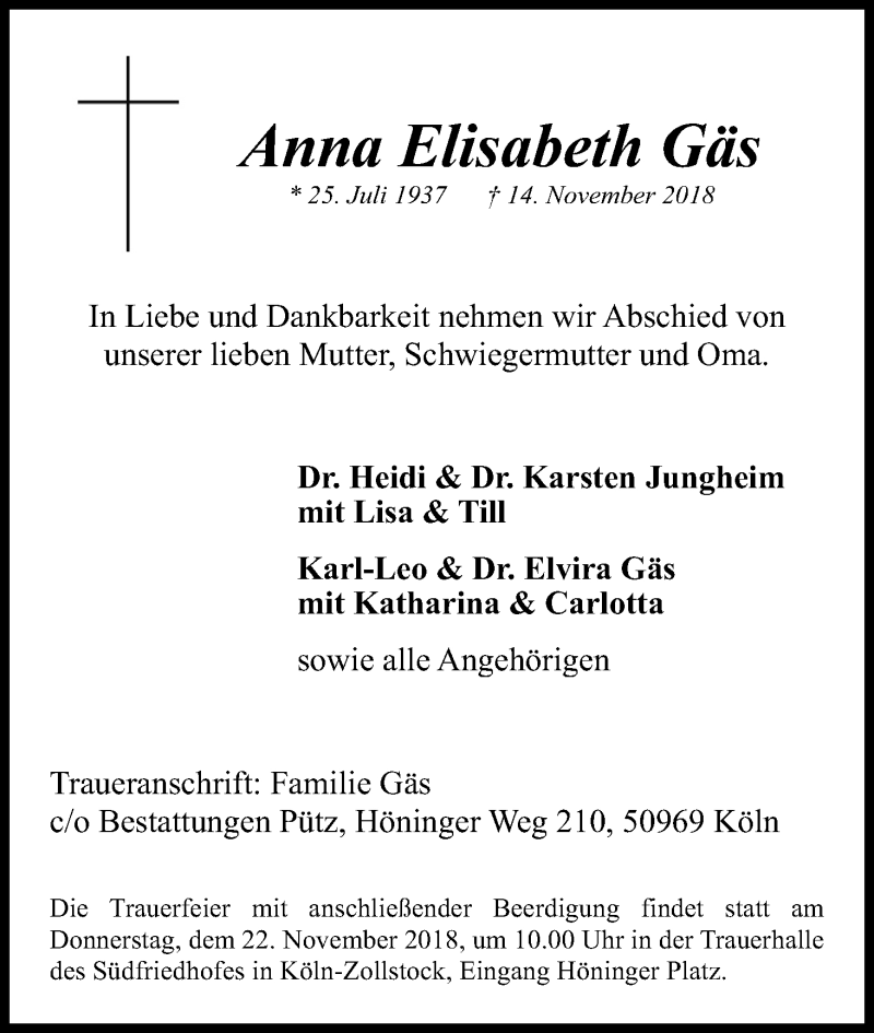  Traueranzeige für Anna Elisabeth Gäs vom 17.11.2018 aus Kölner Stadt-Anzeiger / Kölnische Rundschau / Express