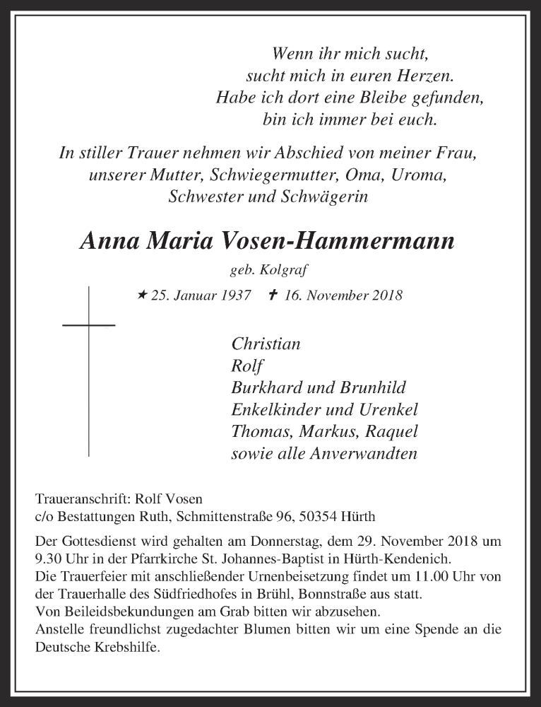  Traueranzeige für Anna Maria Vosen-Hammermann vom 28.11.2018 aus  Werbepost 