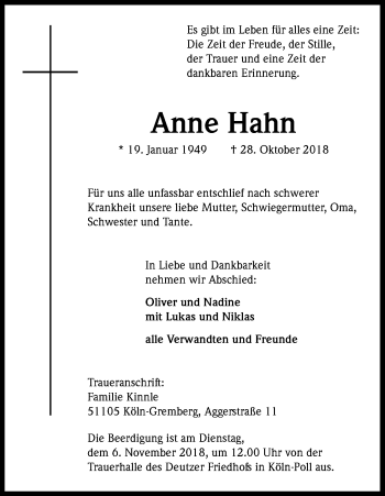 Anzeige von Anne Hahn von Kölner Stadt-Anzeiger / Kölnische Rundschau / Express