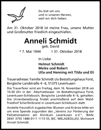Anzeige von Anneli Schmidt von Kölner Stadt-Anzeiger / Kölnische Rundschau / Express