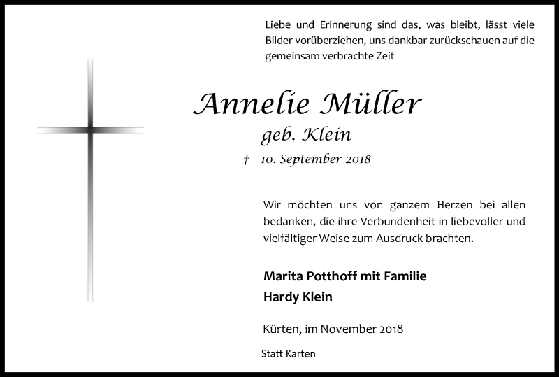  Traueranzeige für Annelie Müller vom 07.11.2018 aus Kölner Stadt-Anzeiger / Kölnische Rundschau / Express