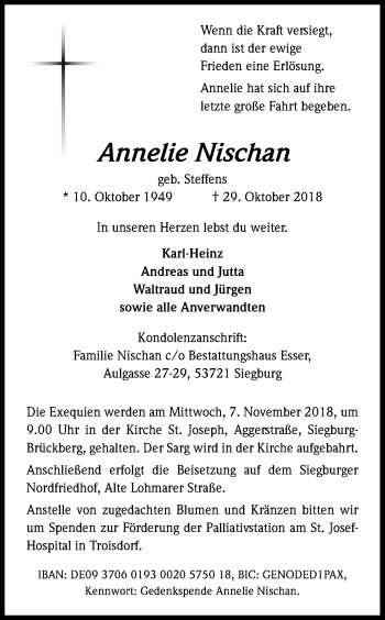 Anzeige von Annelie Nischan von Kölner Stadt-Anzeiger / Kölnische Rundschau / Express