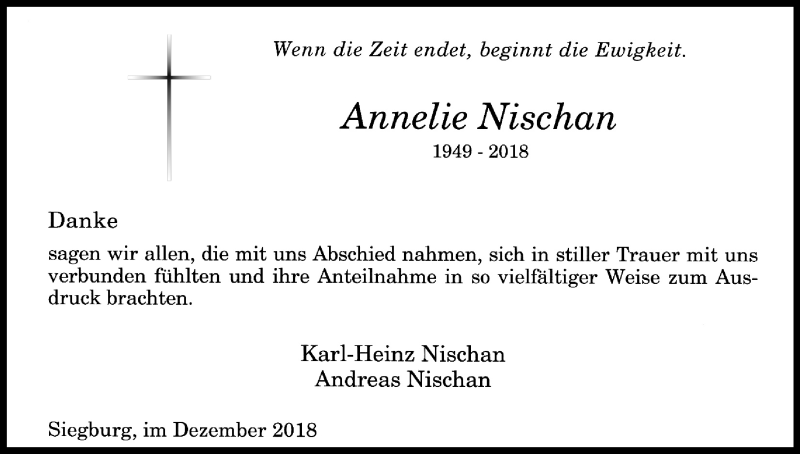  Traueranzeige für Annelie Nischan vom 01.12.2018 aus Kölner Stadt-Anzeiger / Kölnische Rundschau / Express
