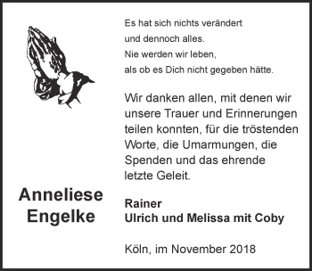 Anzeige von Anneliese Engelke von  Kölner Wochenspiegel 