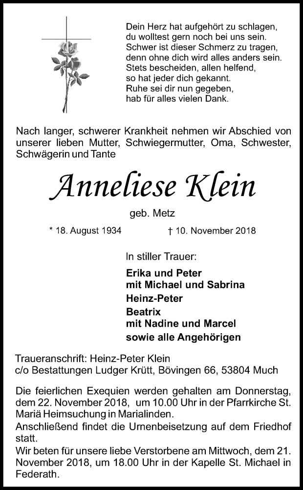  Traueranzeige für Anneliese Klein vom 17.11.2018 aus Kölner Stadt-Anzeiger / Kölnische Rundschau / Express