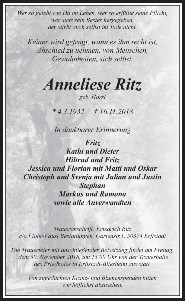  Traueranzeige für Anneliese Ritz vom 28.11.2018 aus  Werbepost 
