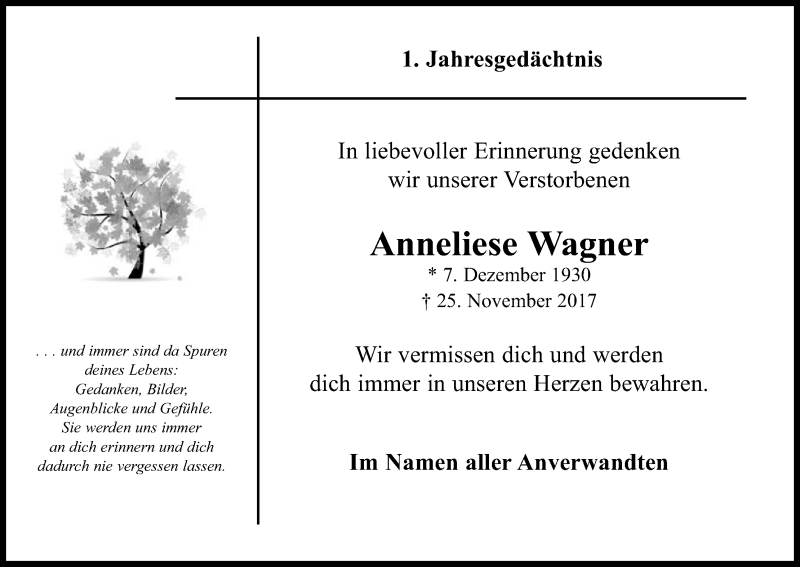  Traueranzeige für Anneliese Wagner vom 24.11.2018 aus Kölner Stadt-Anzeiger / Kölnische Rundschau / Express