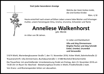 Anzeige von Anneliese Walkenhorst von Kölner Stadt-Anzeiger / Kölnische Rundschau / Express