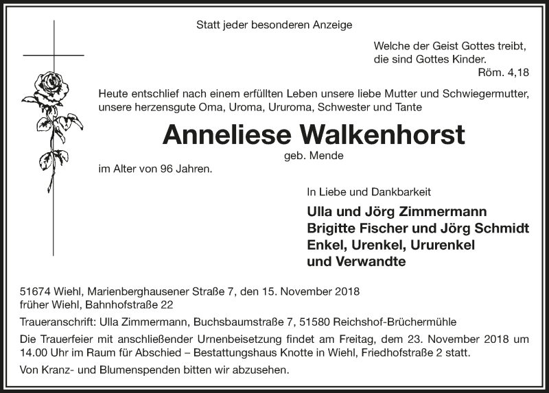  Traueranzeige für Anneliese Walkenhorst vom 21.11.2018 aus  Anzeigen Echo 
