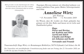 Anzeige von Anneliese Wirtz von  Werbepost 