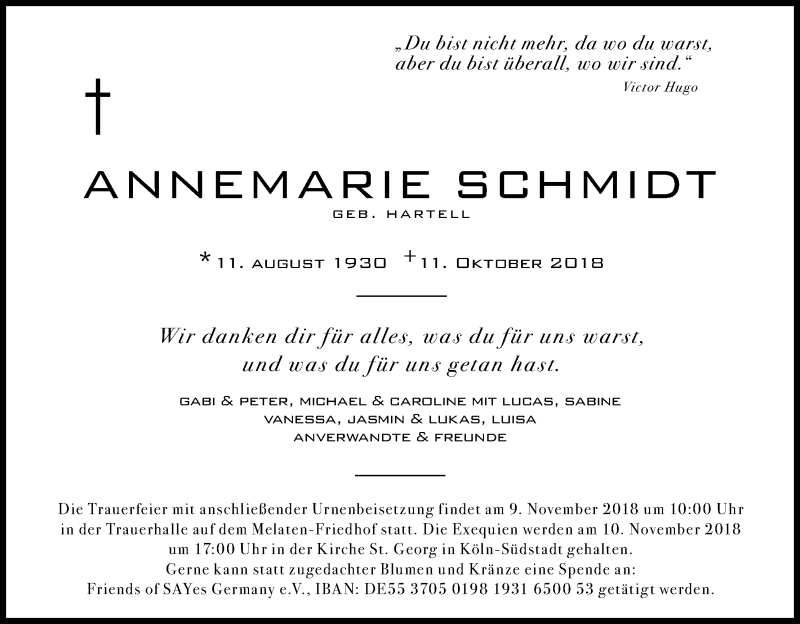  Traueranzeige für Annemarie Schmidt vom 03.11.2018 aus Kölner Stadt-Anzeiger / Kölnische Rundschau / Express