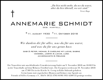 Anzeige von Annemarie Schmidt von Kölner Stadt-Anzeiger / Kölnische Rundschau / Express