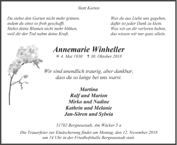 Anzeige von Annemarie Winheller von  Anzeigen Echo 