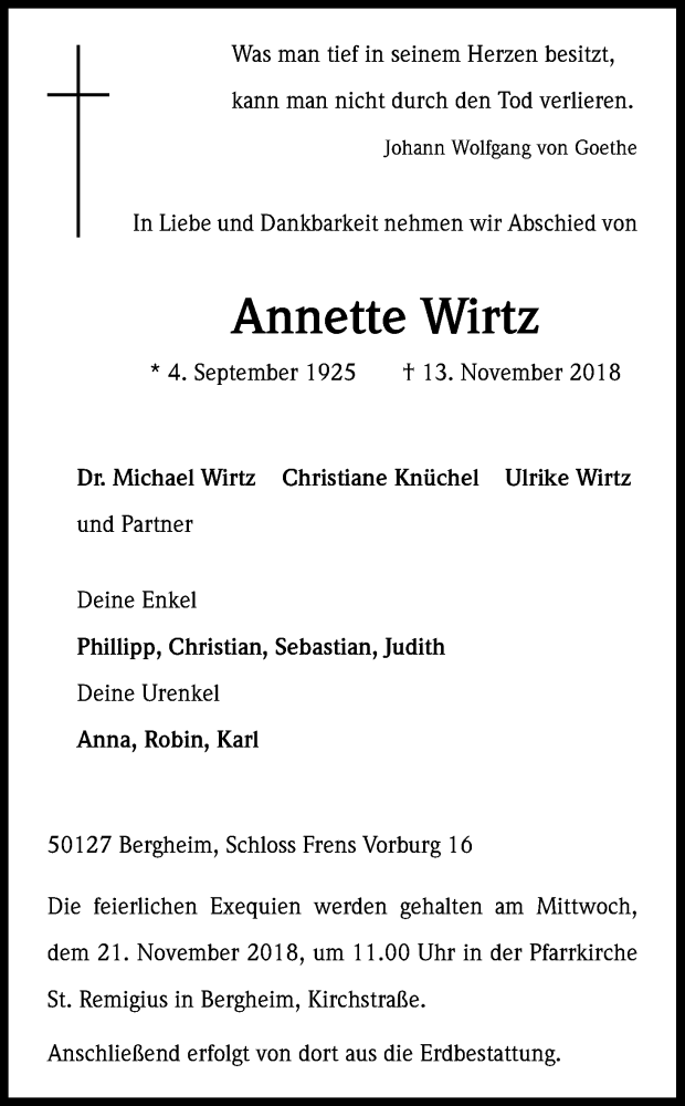  Traueranzeige für Annette Wirtz vom 17.11.2018 aus Kölner Stadt-Anzeiger / Kölnische Rundschau / Express