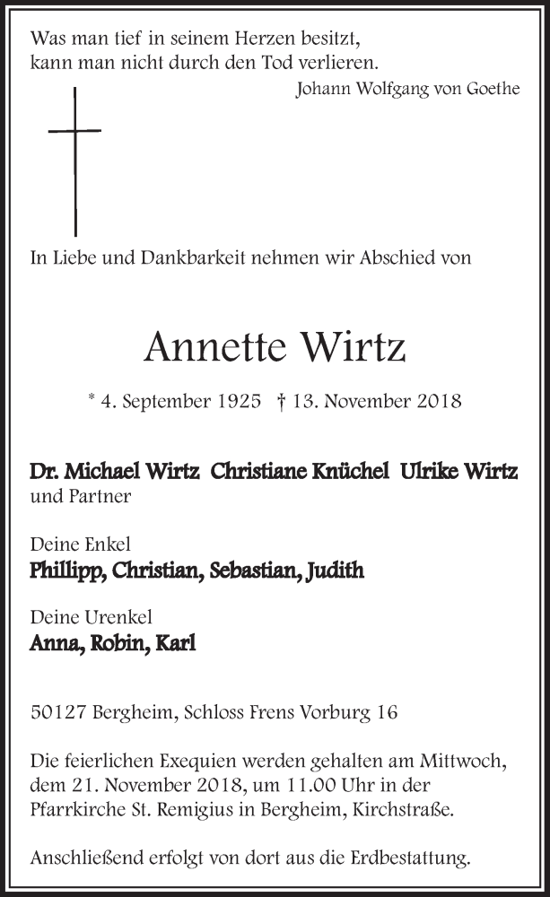  Traueranzeige für Annette Wirtz vom 17.11.2018 aus  Sonntags-Post 