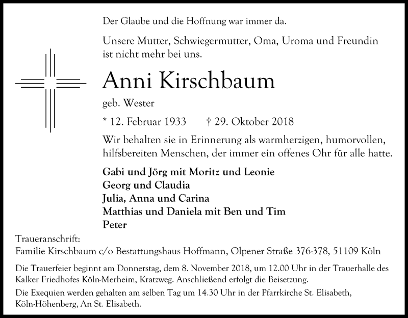  Traueranzeige für Anni Kirschbaum vom 03.11.2018 aus Kölner Stadt-Anzeiger / Kölnische Rundschau / Express