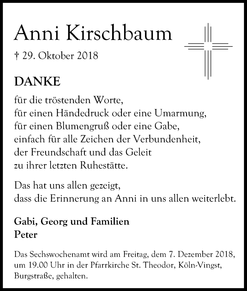  Traueranzeige für Anni Kirschbaum vom 01.12.2018 aus Kölner Stadt-Anzeiger / Kölnische Rundschau / Express