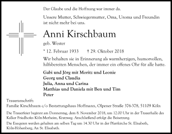 Anzeige von Anni Kirschbaum von Kölner Stadt-Anzeiger / Kölnische Rundschau / Express