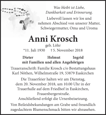 Anzeige von Anni Krosch von  Blickpunkt Euskirchen 