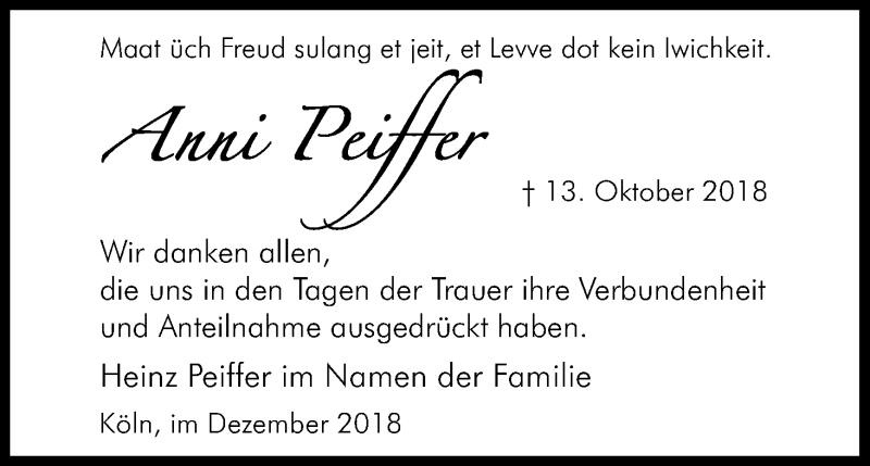  Traueranzeige für Anni Peiffer vom 01.12.2018 aus Kölner Stadt-Anzeiger / Kölnische Rundschau / Express