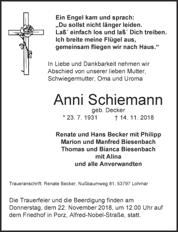Anzeige von Anni Schiemann von  Kölner Wochenspiegel 