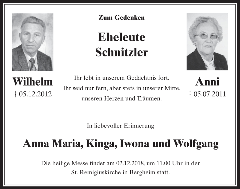  Traueranzeige für Anni Schnitzler vom 01.12.2018 aus  Sonntags-Post 